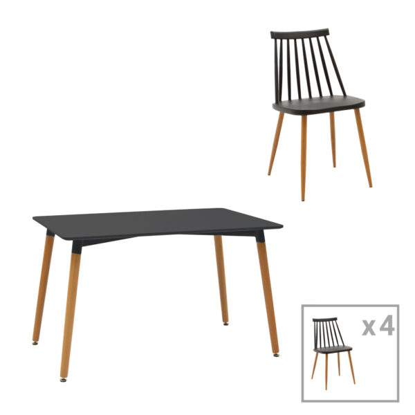 Aurora-Natali Складиште™ dining table set of 5 pp-mdf in black-natural color 120x80x76cm - Image 1