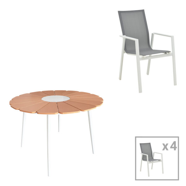 Pinap-Dashiell dining table set of 5 pcs Складиште™ white aluminum and plywood in natural shade Φ110x74cm - Image 1