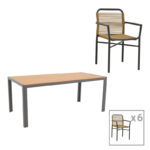Dining table Nares-Clutch set of 7 Складиште™ anthracite aluminum and plywood in natural shade 180x90x72.5cm